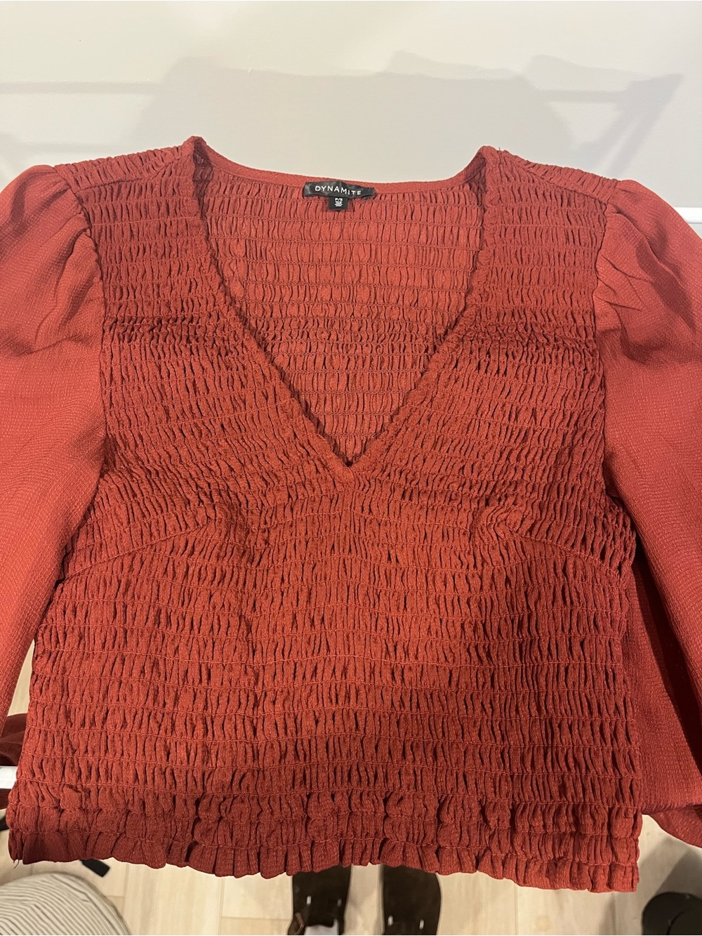 Dynamite Brick Red Smocked V-Neck Long Sleeve Blouse